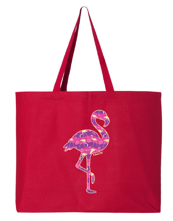 Red tote bag with a pink flamingo design on a white background