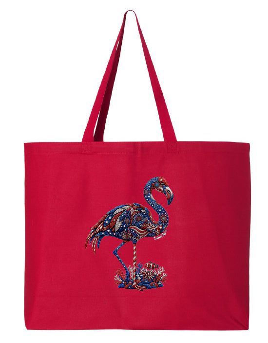 Red tote bag with a colorful flamingo design on a white background
