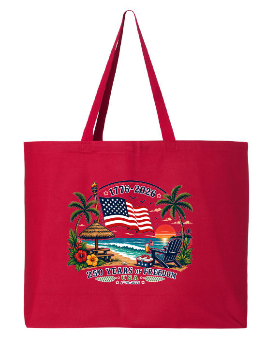 Red tote bag with beach scene and American flag design on a white background