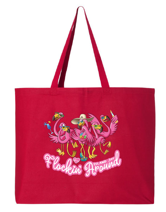 Red tote bag with pink flamingo design and text on a white background