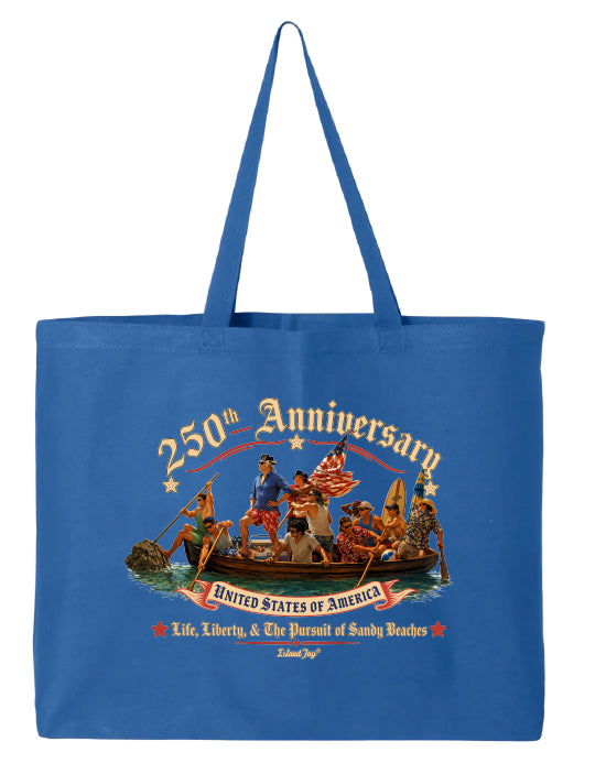 Blue tote bag with a graphic design of people in a boat and text on a white background