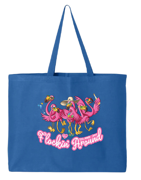 Blue tote bag with pink flamingo design and text on a white background