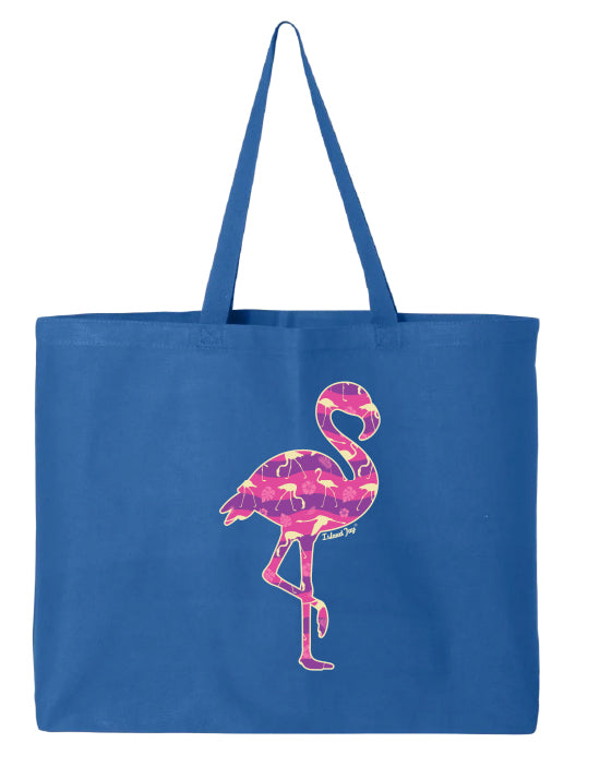 Blue tote bag with a pink flamingo design on a white background