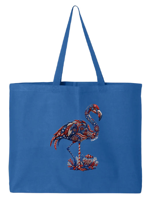 Blue tote bag with a colorful flamingo design on a white background