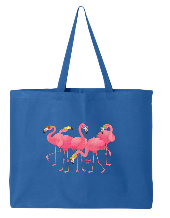 Blue tote bag with pink flamingo design on a white background