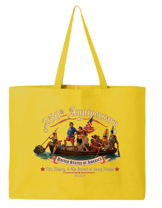 Yellow tote bag with a graphic design of a boat and people on a white background