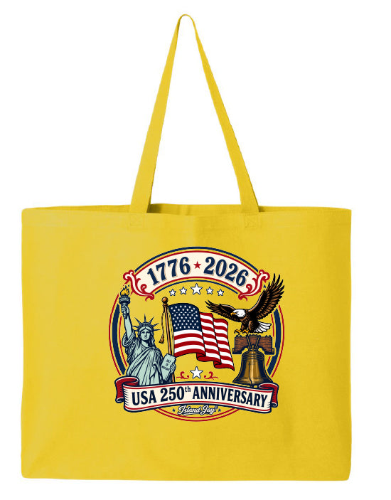 Yellow tote bag with USA 250th Anniversary design featuring the Statue of Liberty, American flag, and eagle.