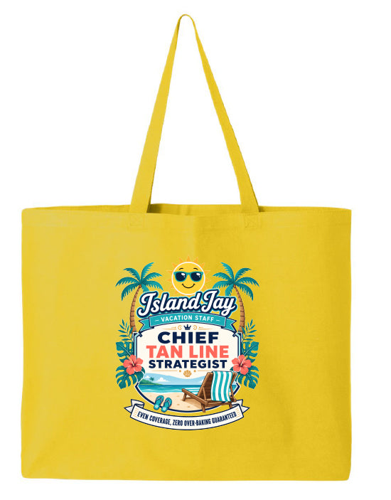 A bright yellow canvas tote bag with two shoulder straps, featuring a colorful tropical-themed graphic on the front that reads 'Island Jay Vacation Staff Chief Tan Line Strategist' with palm trees, flowers, a beach chair, and a smiley face wearing sunglasses.
