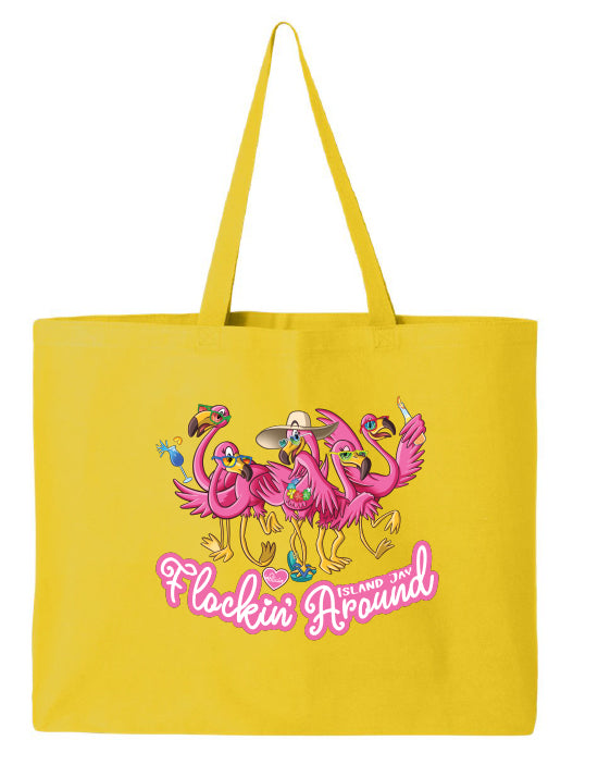 Yellow tote bag with pink flamingo design and text on a white background