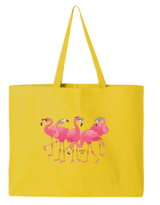Yellow tote bag with pink flamingo design on a white background