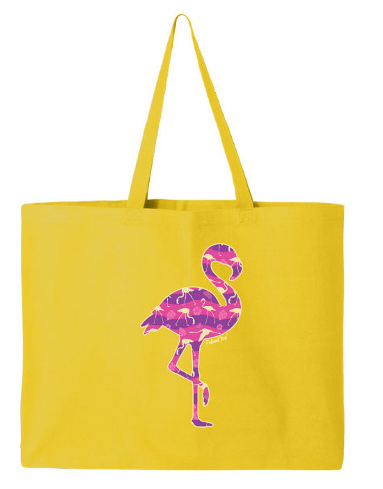 Yellow tote bag with a pink flamingo design on a white background