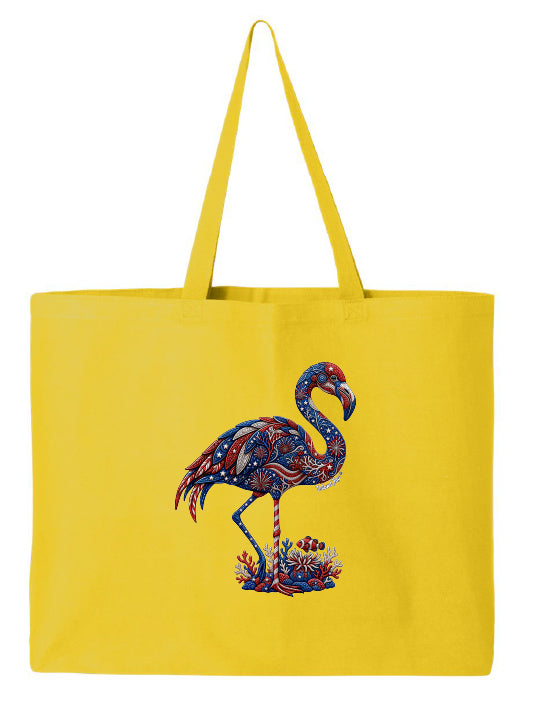 Yellow tote bag with a colorful flamingo design on a white background