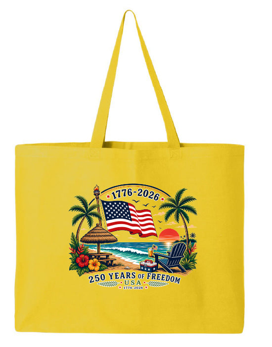 Yellow tote bag with beach-themed design and text on a white background