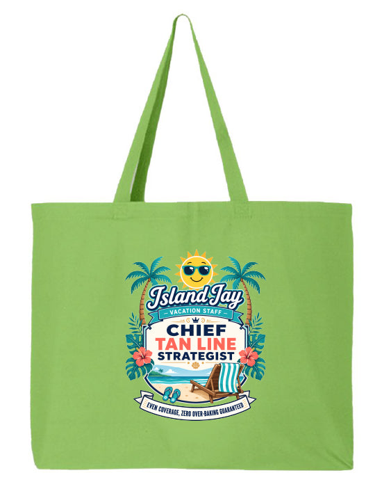 A light green canvas tote bag with long handles, featuring a colorful graphic print on the front that reads 'IslandJay Vacation Staff CHIEF TAN LINE STRATEGIST' with palm trees, a sun, and beach-themed illustrations.