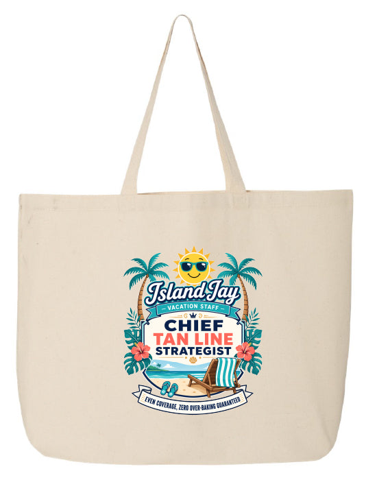 A natural canvas tote bag featuring a colorful graphic print on the front with the text 'IslandJay' and 'CHIEF TAN LINE STRATEGIST' surrounded by palm trees, a sun, and beach-themed illustrations.