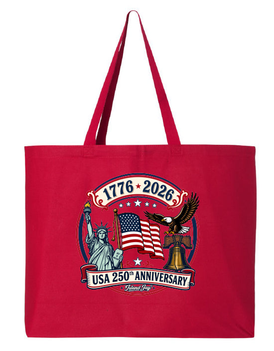 Red tote bag with USA 250th Anniversary design featuring the Statue of Liberty, American flag, and eagle.