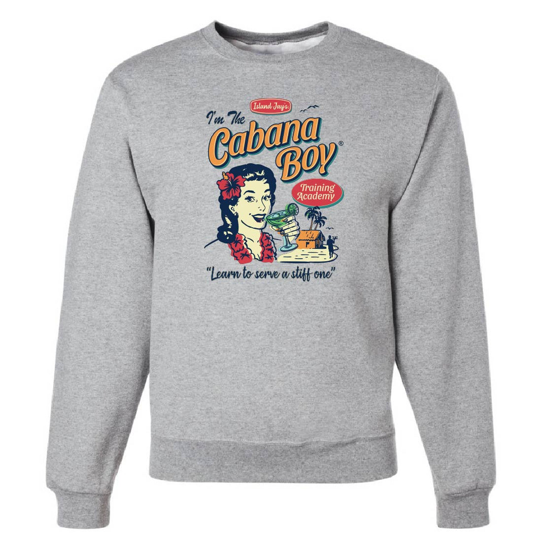 Gray sweatshirt with 'Cabana Boy' graphic design on a white background
