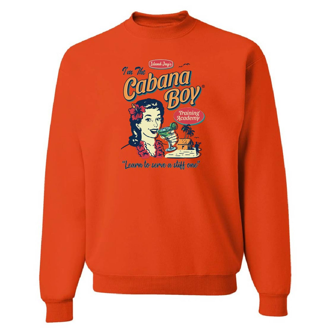 Orange sweatshirt with 'Cabana Boy' graphic design on a white background