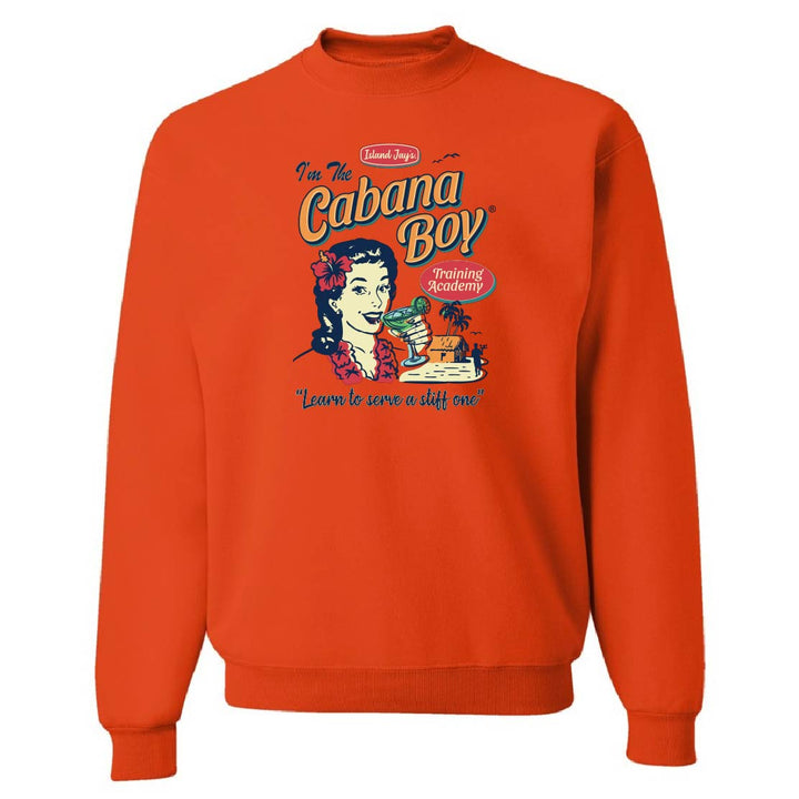 Orange sweatshirt with 'Cabana Boy' graphic design on a white background