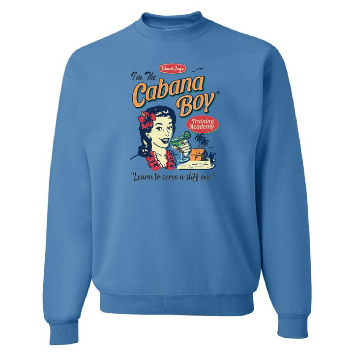 Blue sweatshirt with 'Cabana Boy' graphic design on a white background