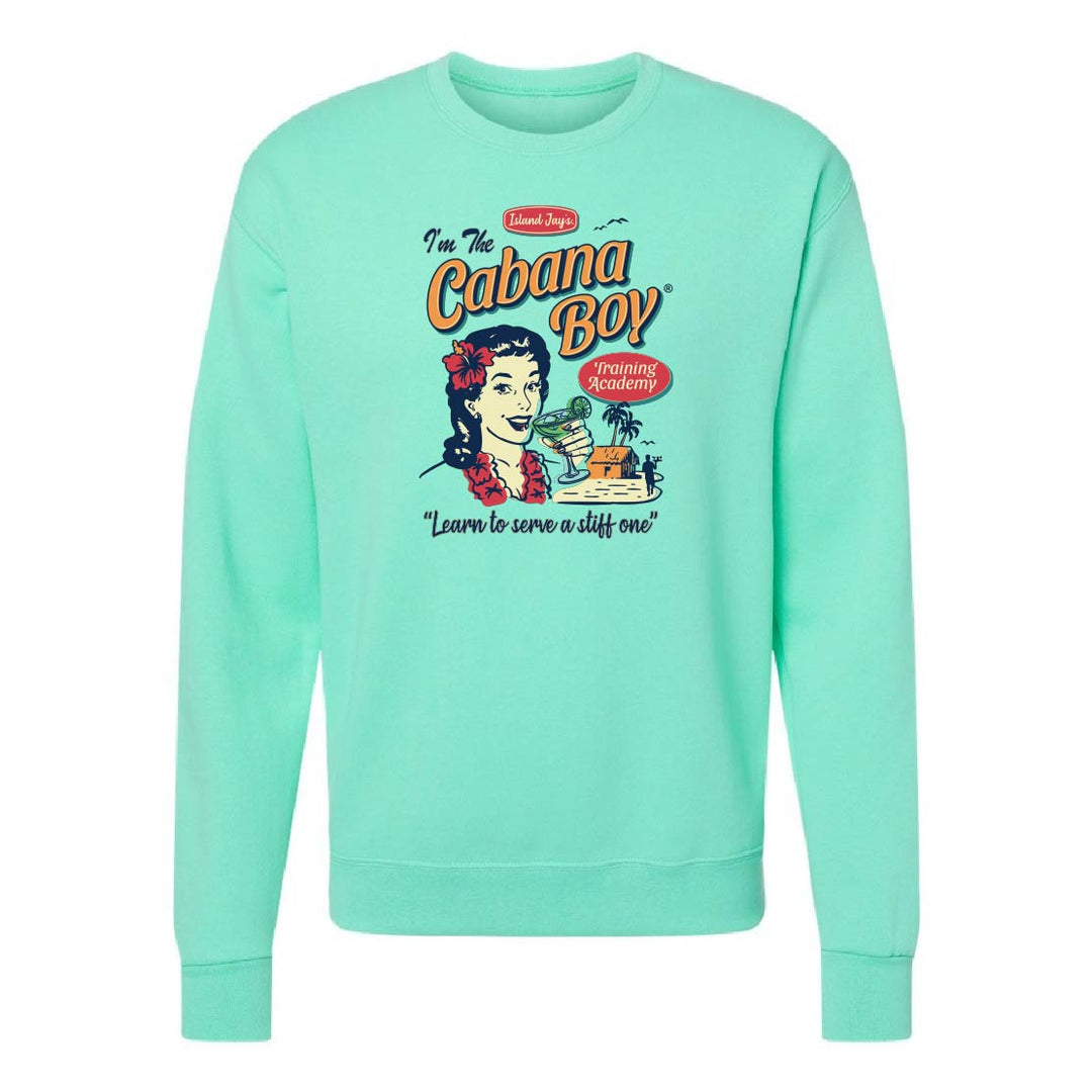 Mint green sweatshirt with 'Cabana Boy' graphic design on a white background