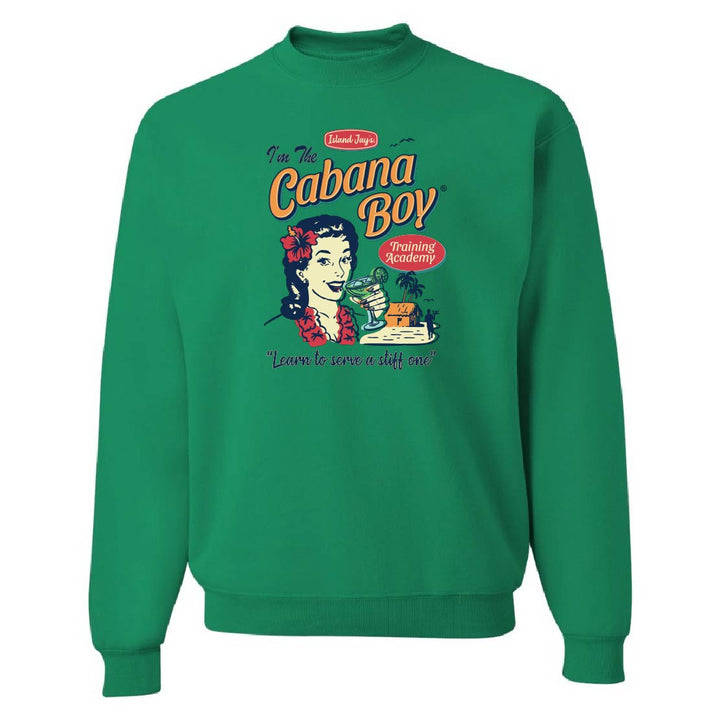 Green sweatshirt with 'Cabana Boy' graphic design on a white background
