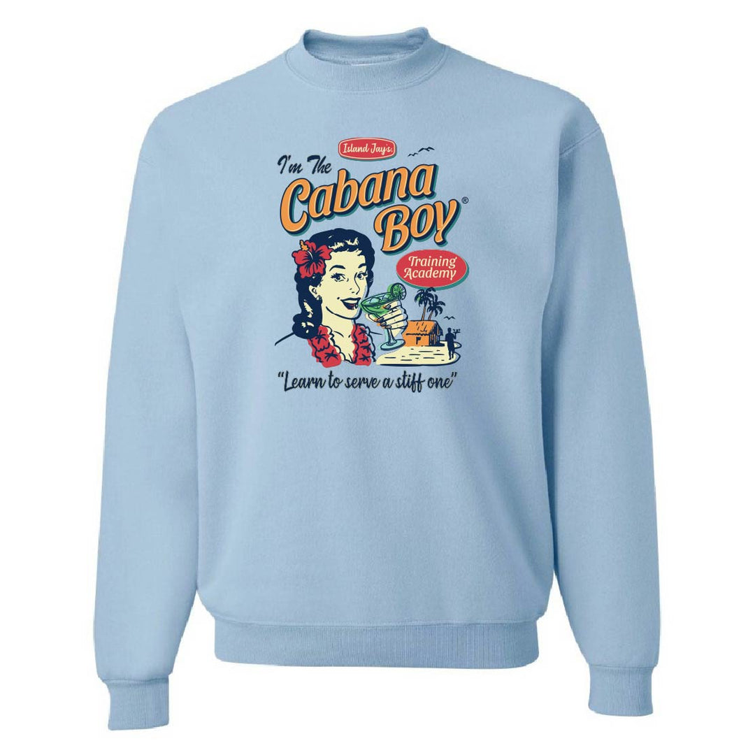 Light blue sweatshirt with 'Cabana Boy' graphic design on a white background