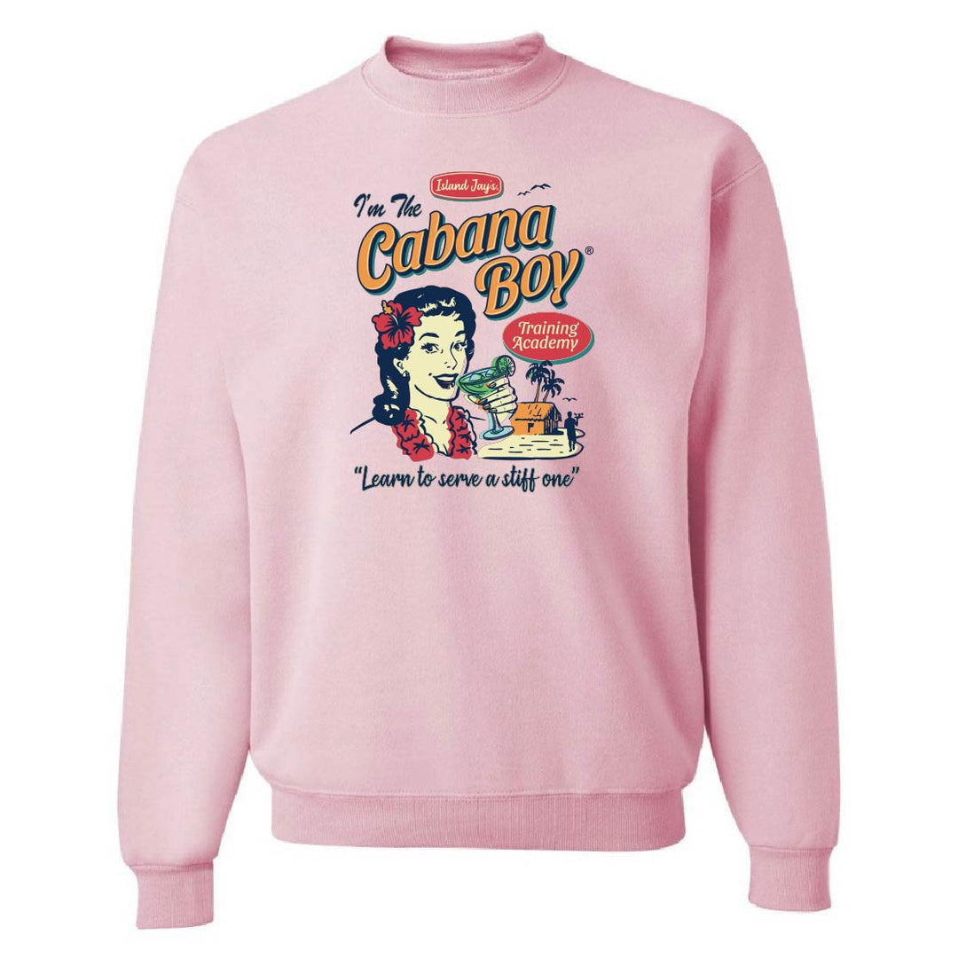 Pink sweatshirt with 'Cabana Boy' graphic design on a white background