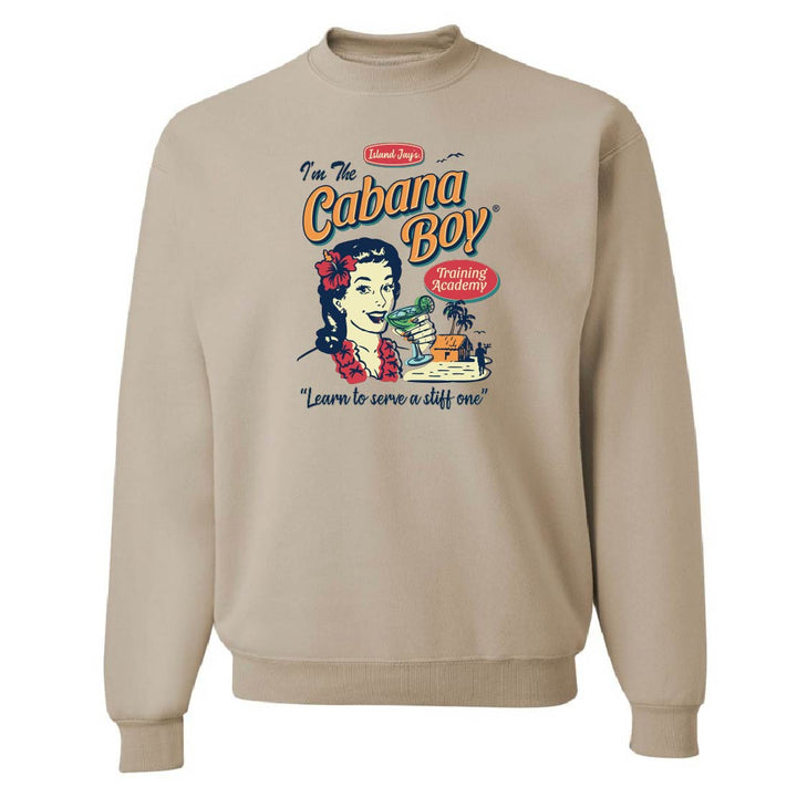 Beige sweatshirt with 'Cabana Boy' graphic design on a white background