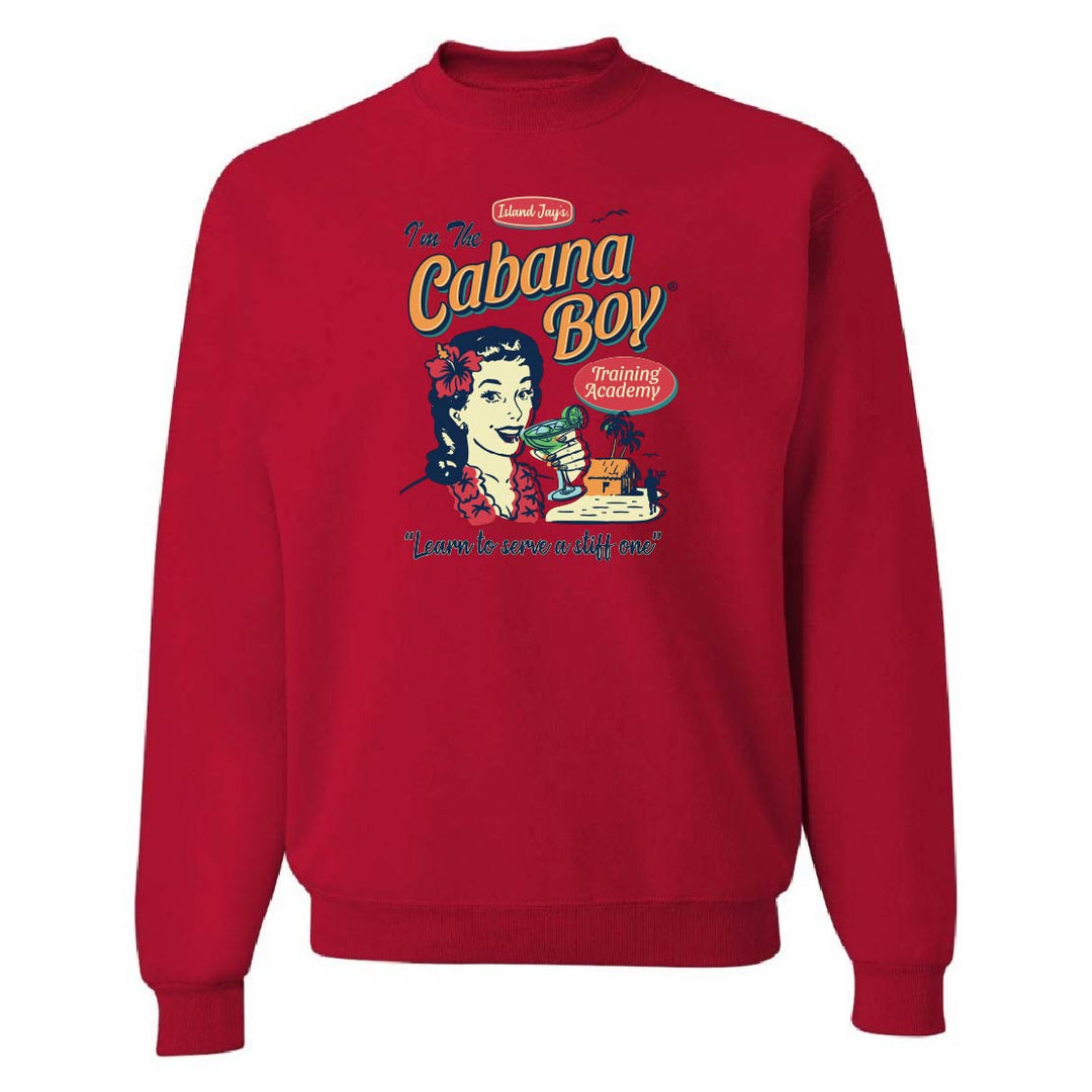 Red sweatshirt with 'Cabana Boy' graphic design on a white background