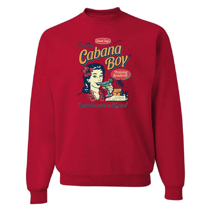 Red sweatshirt with 'Cabana Boy' graphic design on a white background