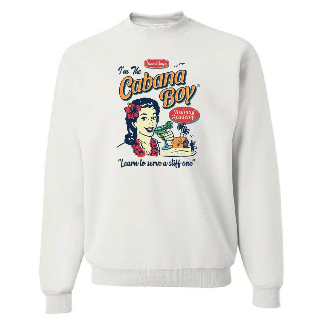 White sweatshirt with 'Cabana Boy' graphic design on a white background