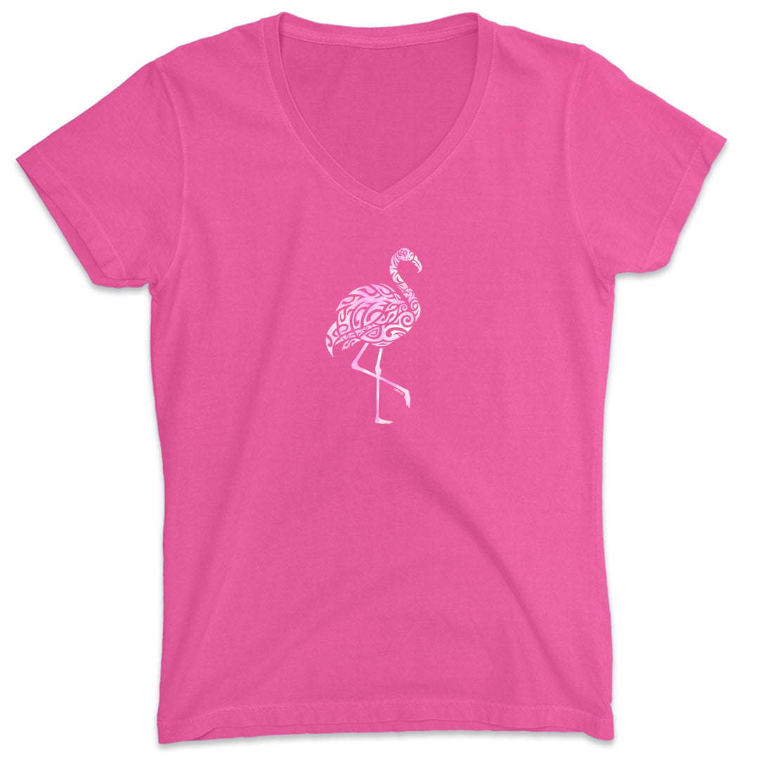 Tribal Flamingo V-Neck T-Shirt Hot Pink