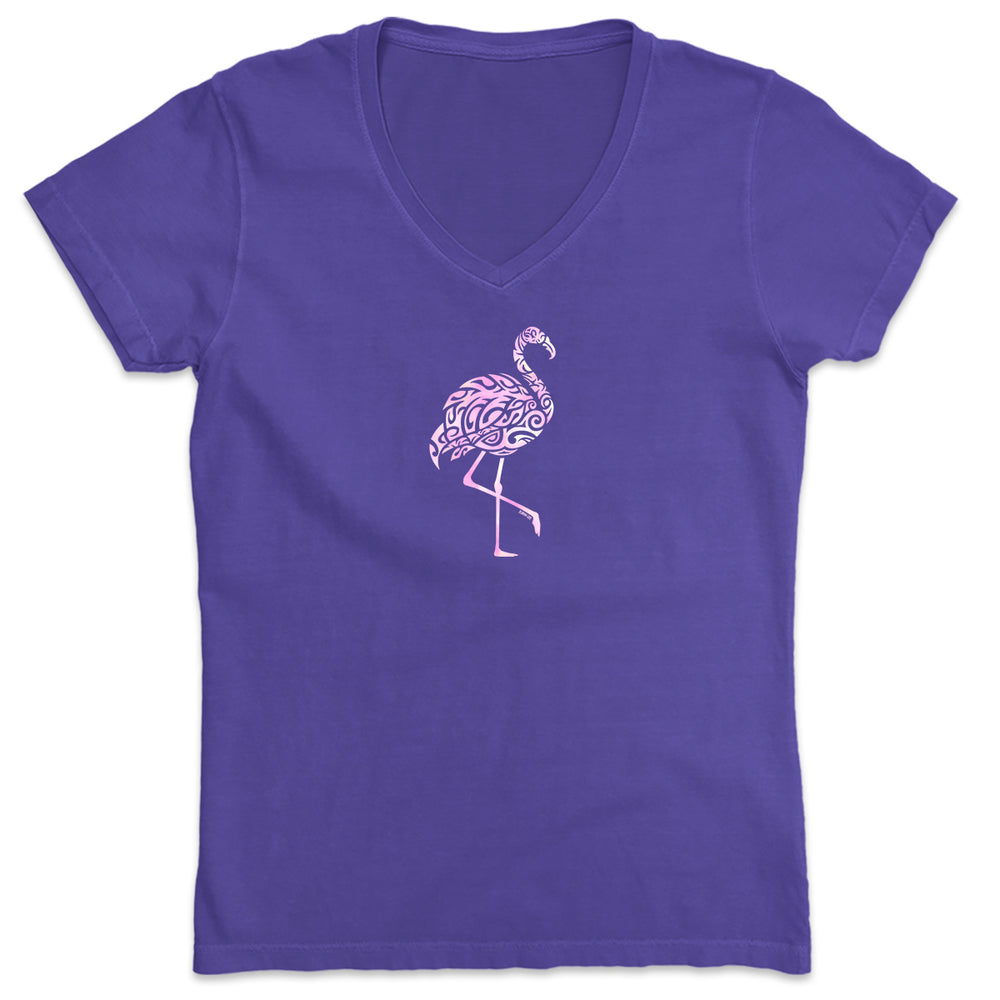 Tribal Flamingo V-Neck T-Shirt Purple