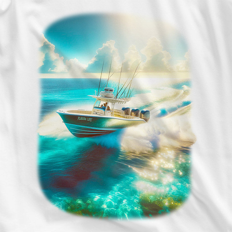 Colorful print of a Triple outboards on an offshore fishing boat traveling through turquoise waters of Florida.