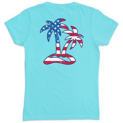Women's Tropical Americana V-Neck T-Shirt Aqua