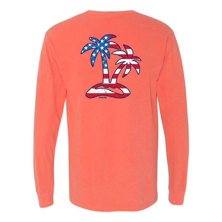 Light Orange/Red Long sleeve T-Shirt with American Flag graphic in the shape of two palm trees titled "Tropical Americana".
