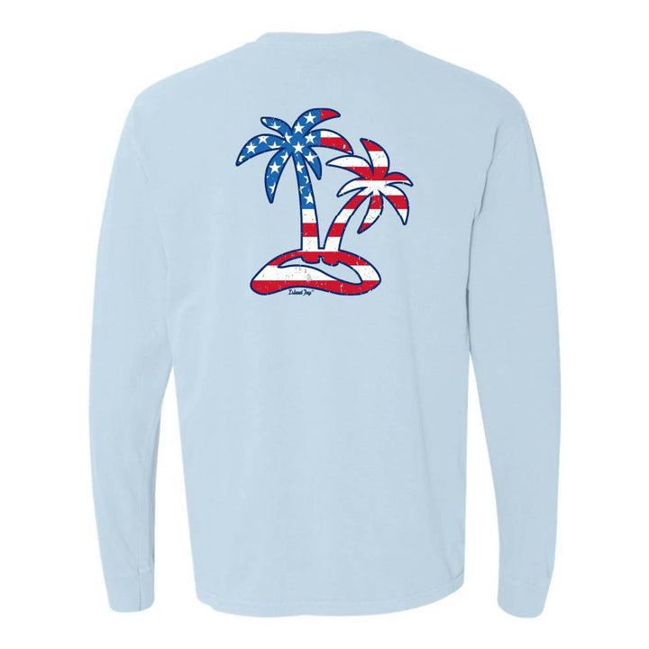 Light Blue Long sleeve T-Shirt with American Flag graphic in the shape of two palm trees titled "Tropical Americana".