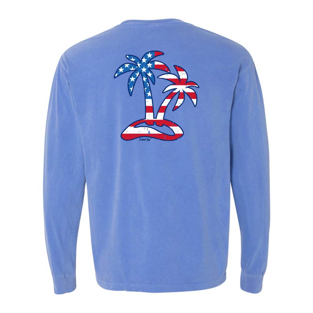 Blue Long sleeve T-Shirt with American Flag graphic in the shape of two palm trees titled "Tropical Americana".