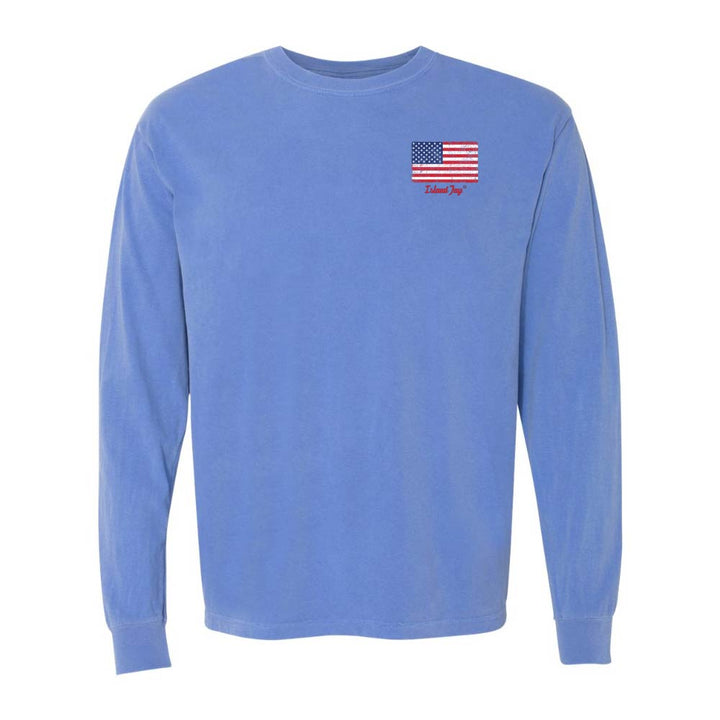Blue Long sleeve T-Shirt with American Flag graphic on Top left chest.