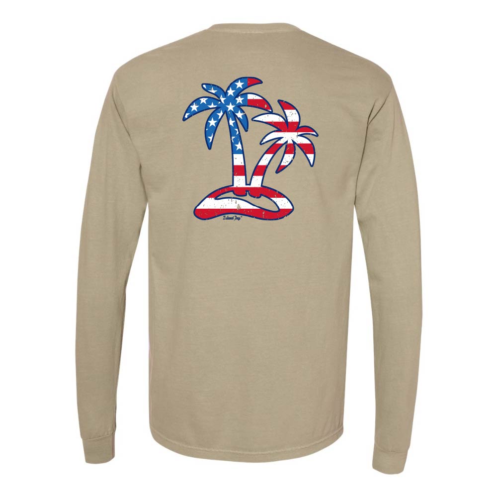 Khaki Long sleeve T-Shirt with American Flag graphic in the shape of two palm trees titled "Tropical Americana".