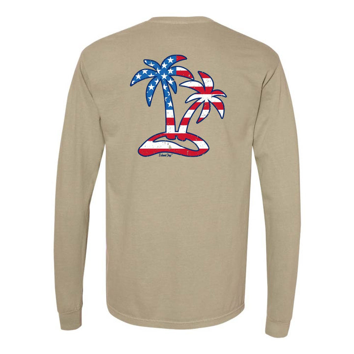 Khaki Long sleeve T-Shirt with American Flag graphic in the shape of two palm trees titled "Tropical Americana".