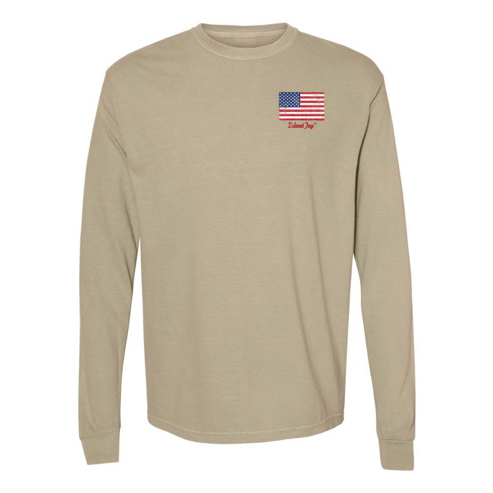 Khaki Long sleeve T-Shirt with American Flag graphic on Top left chest.