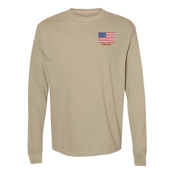 Khaki Long sleeve T-Shirt with American Flag graphic on Top left chest.