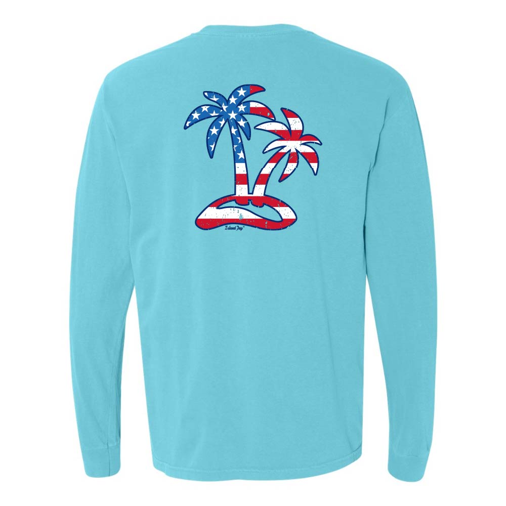 White Long sleeve T-Shirt with American Flag graphic in the shape of two palm trees titled "Tropical Americana".
