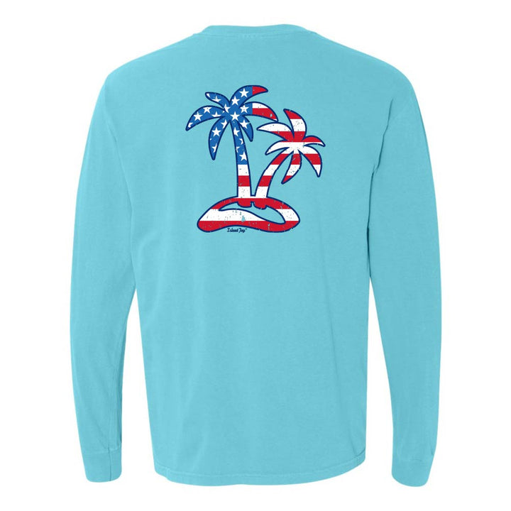 White Long sleeve T-Shirt with American Flag graphic in the shape of two palm trees titled "Tropical Americana".