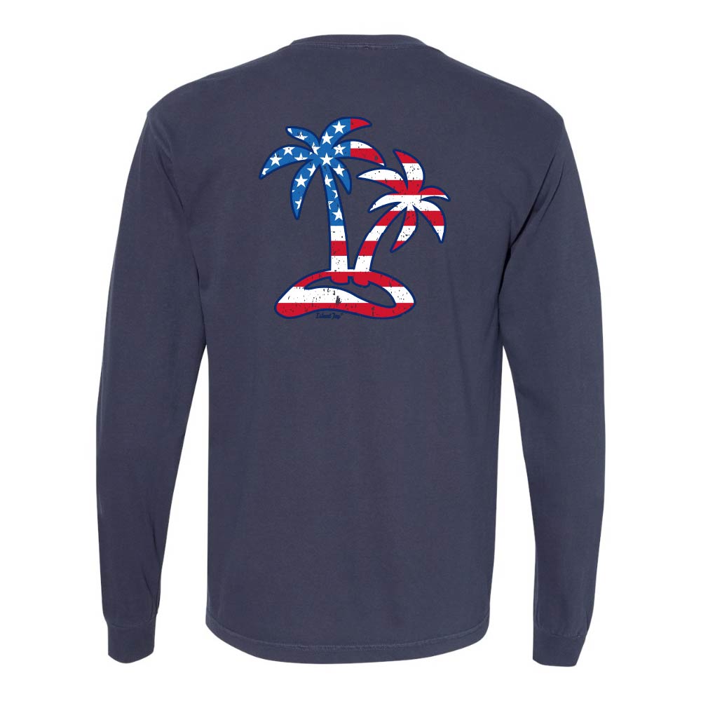 Navy Long sleeve T-Shirt with American Flag graphic in the shape of two palm trees titled "Tropical Americana".