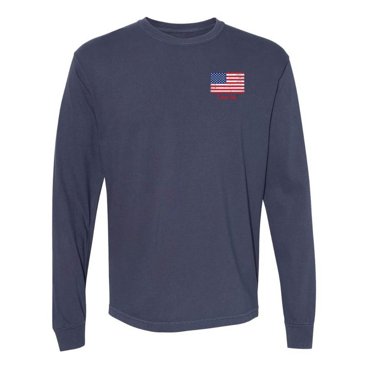 Navy Blue Long sleeve T-Shirt with American Flag graphic on Top left chest.