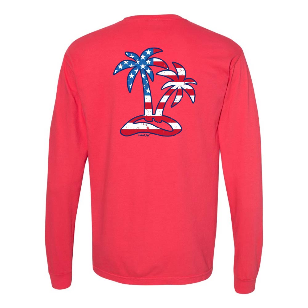 Red Long sleeve T-Shirt with American Flag graphic in the shape of two palm trees titled "Tropical Americana".