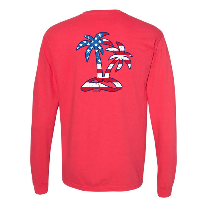 Red Long sleeve T-Shirt with American Flag graphic in the shape of two palm trees titled "Tropical Americana".